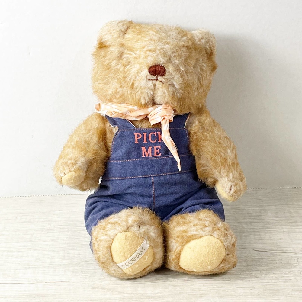 Vintage Gorham Teddy Bear Plush Stuffed Animal Overalls Pick Me Handkerchief 80s